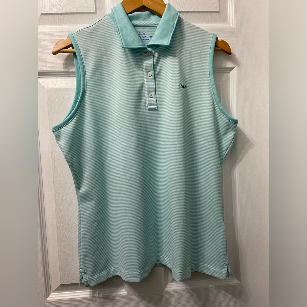 Vineyard Vines Performance Polo Shirt Women’s Striped Sleeveless Golf Large Teal